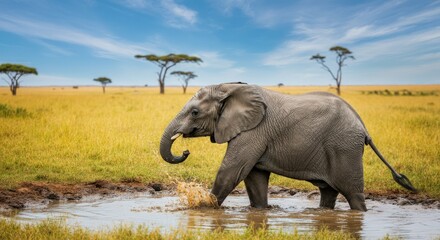 Obraz premium Young elephant playing in muddy savannah in african wildlife setting