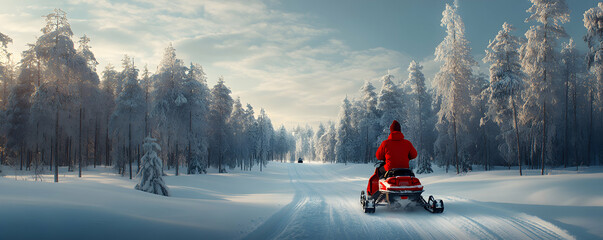 Snowy Forest Trail, Winter Snowmobiling Adventure in a Sunlit Pine Forest