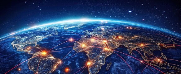 Obraz premium Vibrant Global Connections at Night Over a Planet Earth View