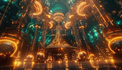 Fototapeta premium Futuristic Golden Cityscape Illuminates A Dark Realm
