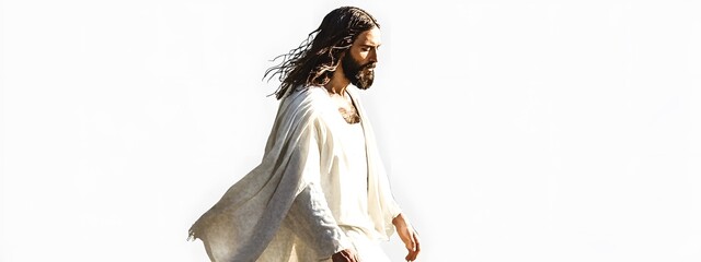 Jesus walking, wearing a white robe, full-body illustration, long hair, on a white background