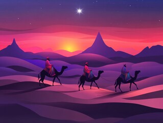 Generative AI Online Poster for Three Kings Day Celebrations Cartoon Style Night Desert Scene