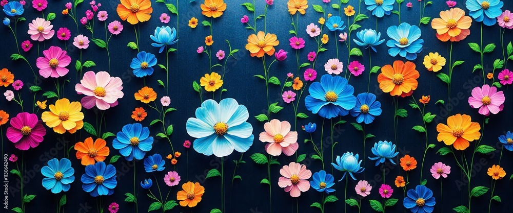 Poster a colorful bouquet of flowers is displayed on a blue background. the flowers are arranged in a way t