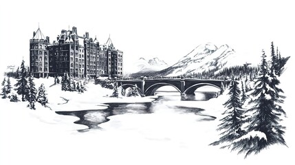 Fototapeta premium Black and white illustration of a snowy mountain resort town