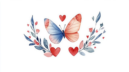 Obraz premium Whimsical watercolor illustration of butterfly with hearts and flowers, evoking sense of joy and beauty