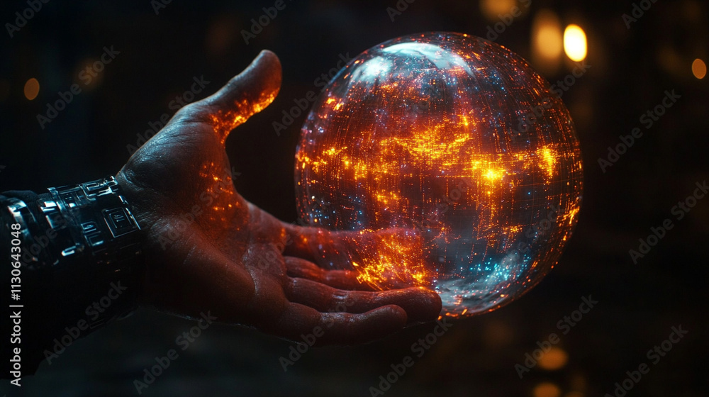 Poster ai generate innovative action hand interacting with glowing digital globe in futuristic environment 