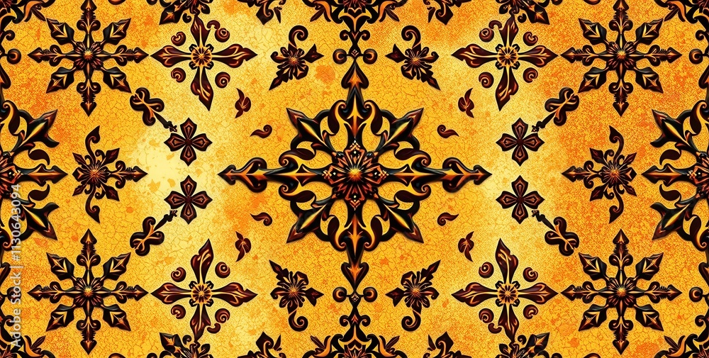 Poster a patterned background with a large flower in the center. the flower is surrounded by smaller flower