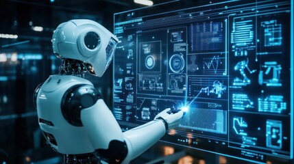 automation robot arms machine in intelligent factory industrial on real time monitoring system software. Welding robotics and digital manufacturing operations