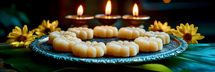 The beautiful arrangement of traditional sweets is displayed on a decorative plate surrounded by flowers and candles. Makar Sankranti large format banner, copy space.