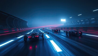 Naklejka premium Dark, futuristic race track with glowing neon lines and black racing drones zipping by. Black Wallpaper, Wallpaper HD