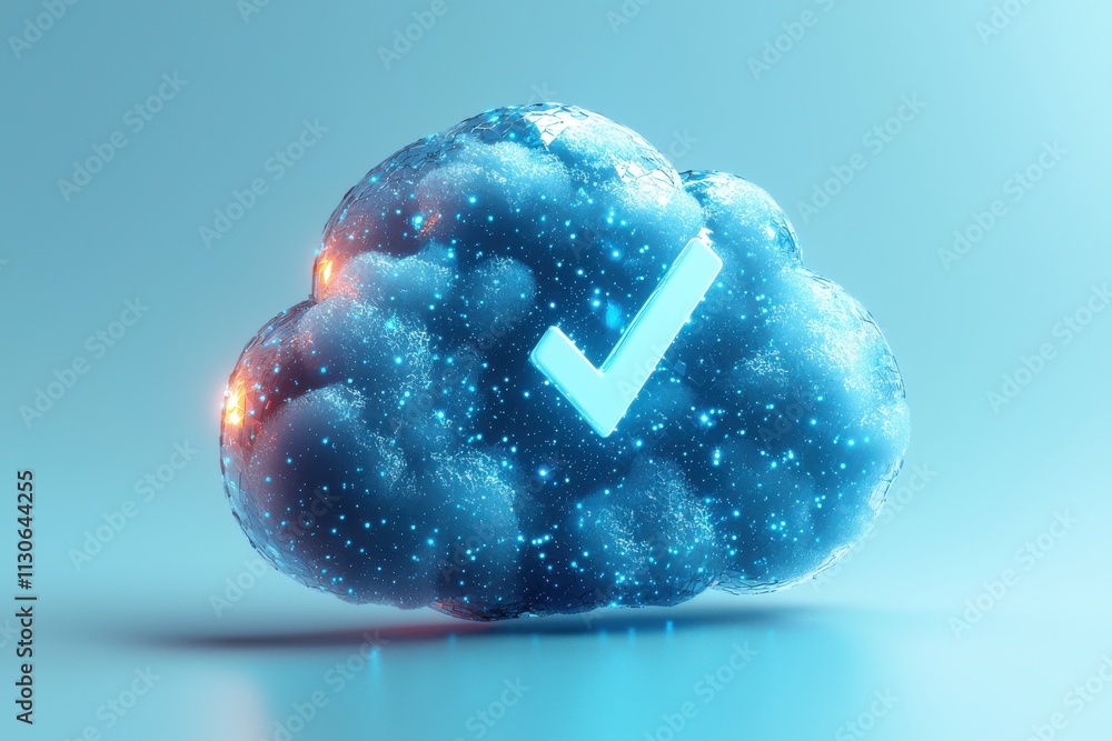 Poster 3d digital cloud icon with a checkmark symbol on a white background