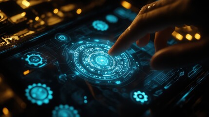 Obraz premium Futuristic Digital Interface with Blue Lights and User Interaction