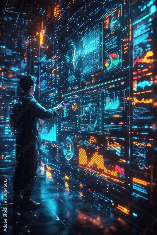 Poster futuristic trader analyzing data on advanced digital interface at night