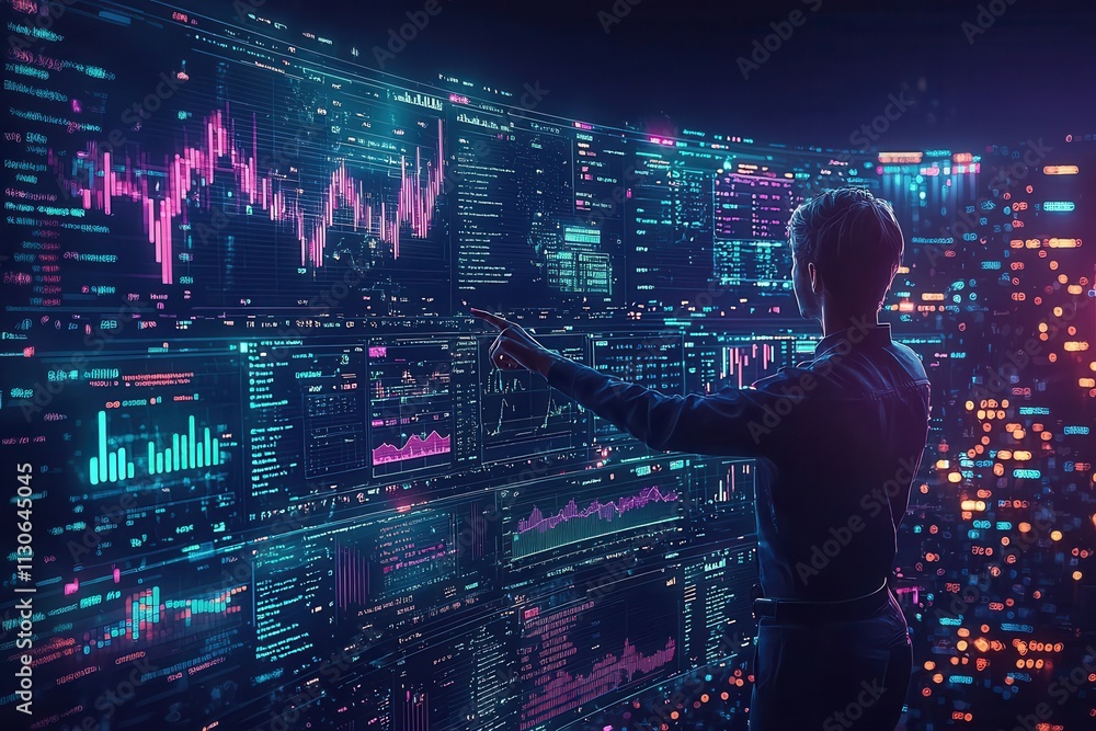 Poster futuristic digital interface with person analyzing data on virtual screen