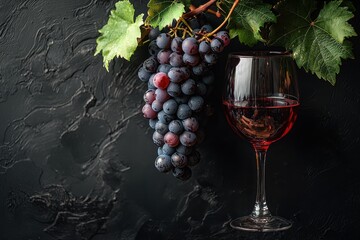 Fototapeta premium Elegant wine glass adorned with grapes against a dark background