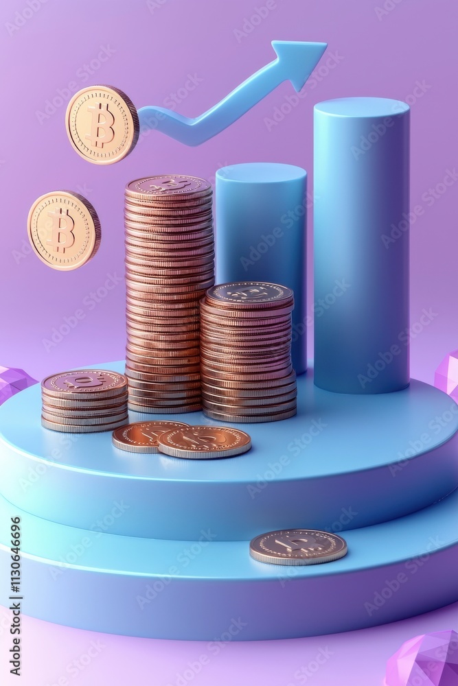Poster stacked coins on a gradient podium with a rising arrow symbol