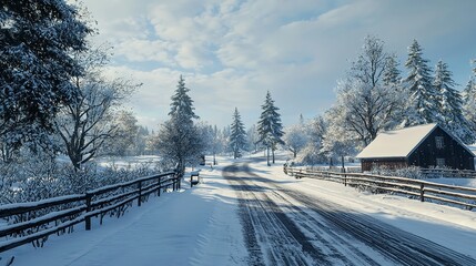 Beautiful country drive after a snowstorm with fresh snowfall