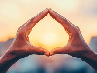 Hands forming frame around glowing sunset, symbolizing unity and creativity