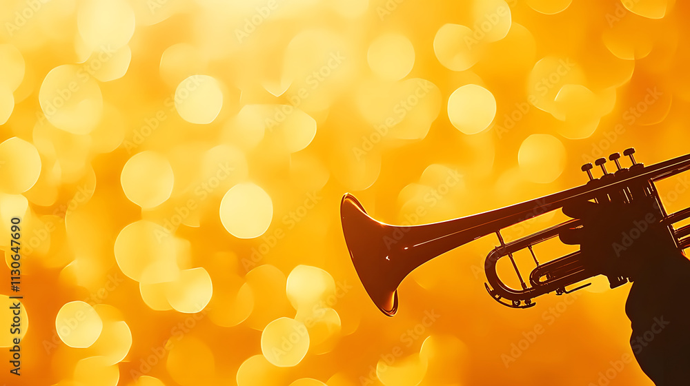 Poster a silhouette of a trumpet against a vibrant orange background, creating a warm and artistic ambiance