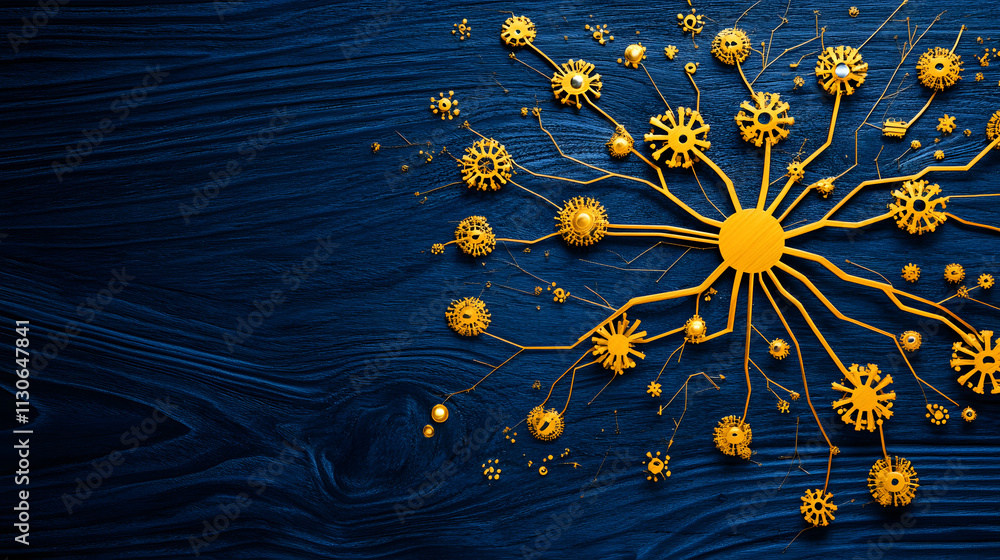 Poster A vibrant yellow abstract representation of interconnected nodes on a dark blue background, symbolizing ideas or neural connections