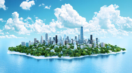 Fototapeta premium A vibrant, futuristic cityscape emerges from lush greenery on an island, surrounded by clear blue waters and a bright sky