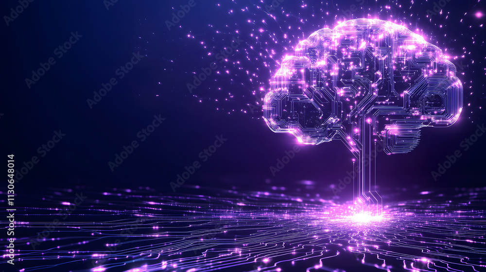Poster A vibrant, digital representation of a brain, symbolizing advanced technology and neural networks in a futuristic setting