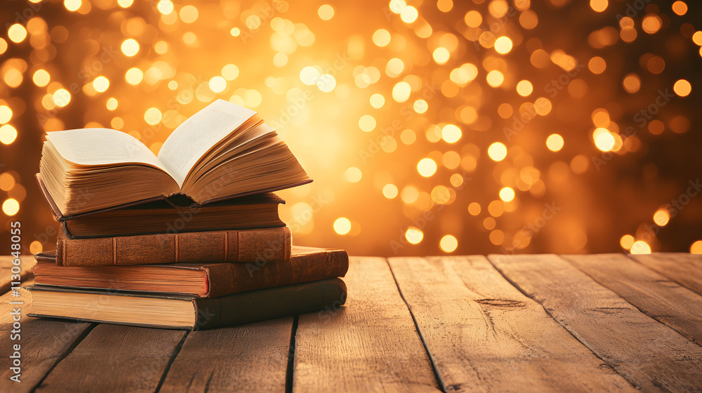 Poster an open book rests on a stack of books, illuminated against a backdrop of sparkling lights, creating