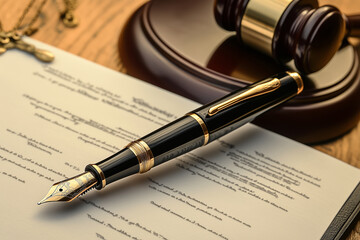 pen sits on top of a piece of paper with a signature. The pen is black and has a gold trim. The paper is a legal document, and the pen is used to sign it