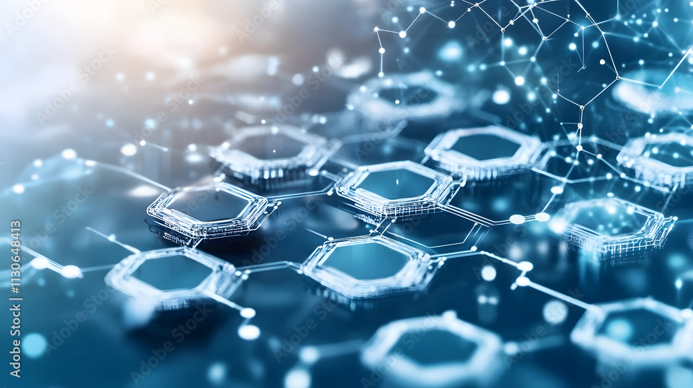 Poster A close-up of interconnected molecular structures on a digital background, illustrating the concept of chemistry and advanced technology