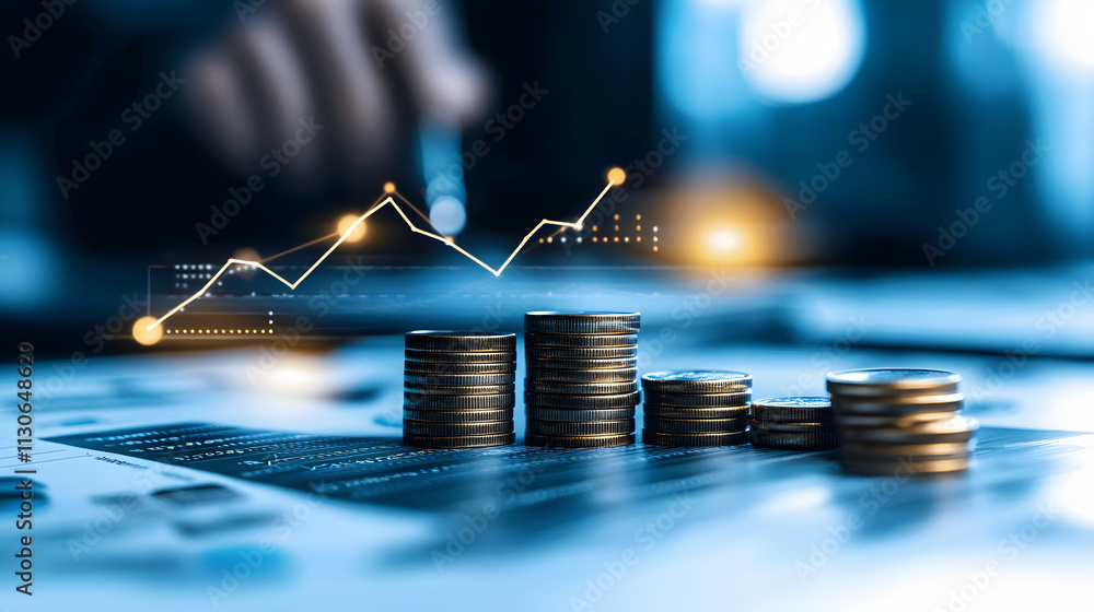 Poster a close-up of coins stacked on a financial report, with a hand in the background and a rising graph 