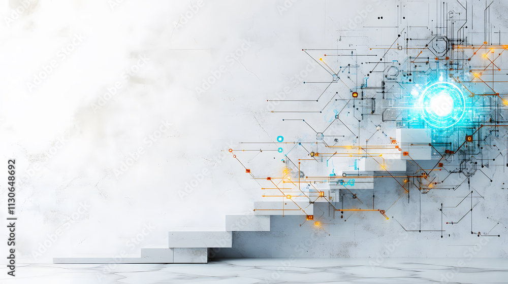 Poster a futuristic staircase ascends into a digital realm, blending technology and innovation, highlighted