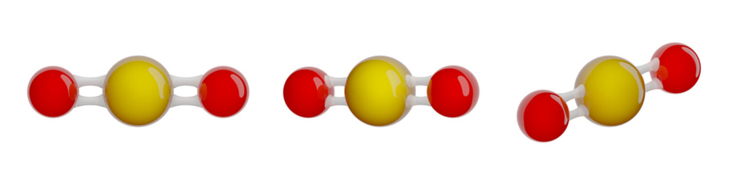 Molecule of Silicon dioxide. Set of views. Molecular formula: SiO2. Chemical model: Ball and Stick. Isolated. Transparent background. PNG transparent. 3D illustration