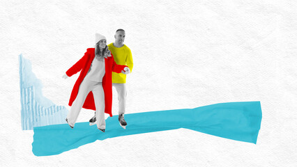 Contemporary art collage. Cheerful couple in colorful winter attire enjoying ice skating together...