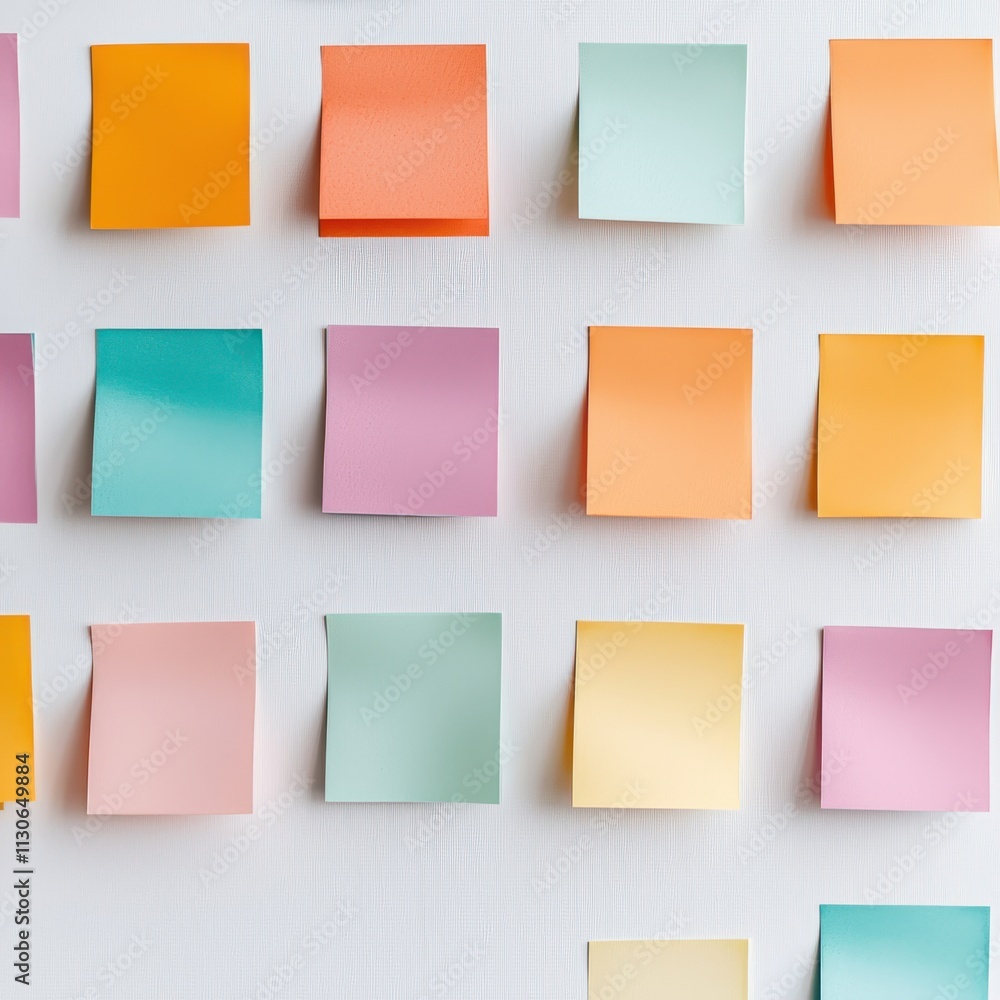Poster a grid of colorful sticky notes arranged neatly on a light background, showcasing a range of pastel 