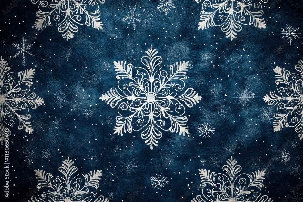 Poster elegant dark blue background adorned with intricate white snowflake patterns