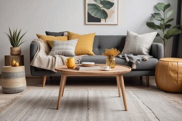 boho compostion at living room interior with design gray sofa, wooden coffee table, commode and elegant personal accessories. Honey yellow pillow and plaid