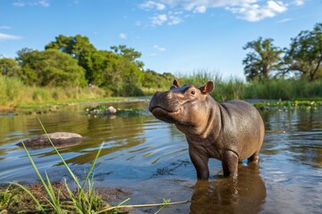 Obraz premium Cute hippo stands in the pond