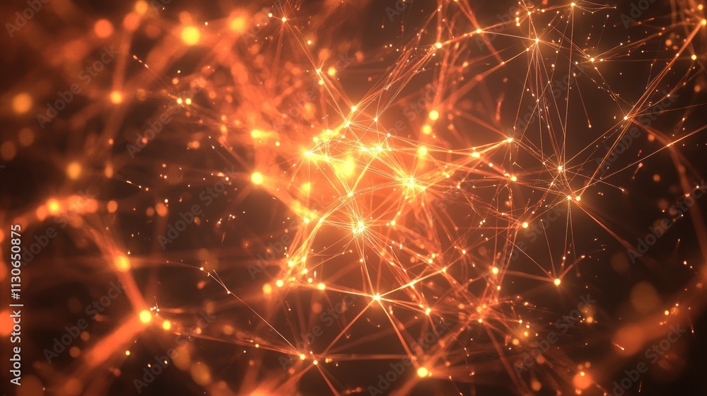 Poster abstract fiery orange plexus network glowing in dark space.