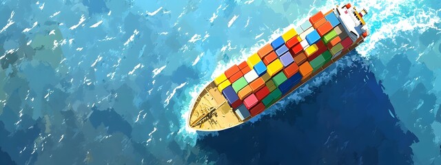 A cargo ship full of colorful containers sailing on the sea, seen from above, in the style of clip art style