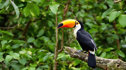 Fototapeta premium Brightly colored toucan perched on a branch in a tropical forest during daytime