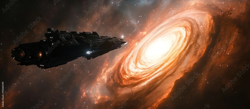 Poster spaceship approaching a swirling nebula in deep space.