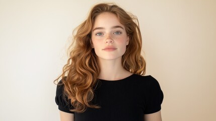 Studio portrait featuring a young woman with long, wavy red hair, freckles, and clear skin, radiating natural beauty and confidence