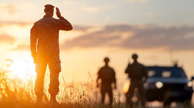 A silhouette of soldiers saluting at sunset, honoring fallen comrades on Memorial Day - Powered by Adobe