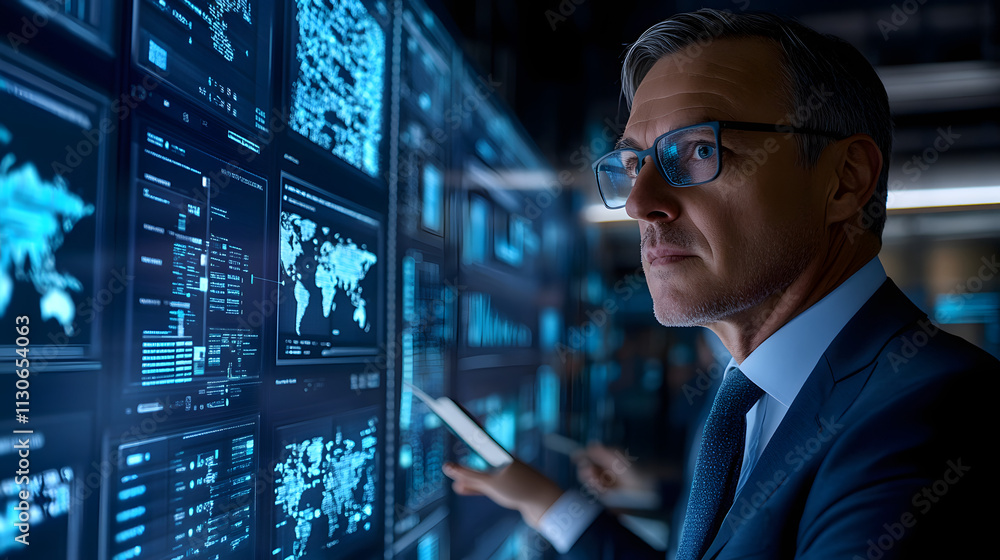 Poster a businessman in glasses analyzes data on a large screen filled with graphs and world maps. he's int