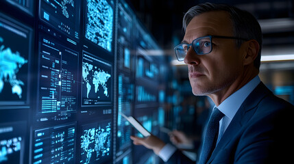 A businessman in glasses analyzes data on a large screen filled with graphs and world maps.  He's intently reviewing complex information, likely making crucial business decisions.
