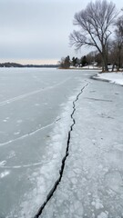 Naklejka premium Frozen Lake with a Long Crack in the Ice - Winter Nature Background