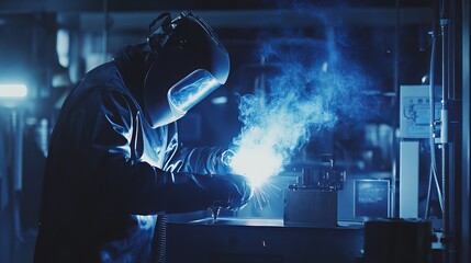 Industrial workers in protective gear operate an electric arc welding machine to fuse steel components within a factory setting