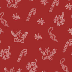 Seamless pattern with New Year and Christmas decorations on red background in doodle style