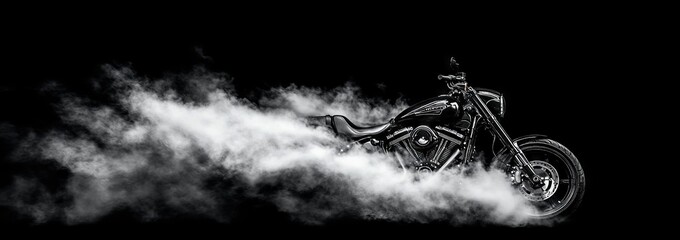 Black and White Harley Motorcycle in Smoke. AI generated illustration