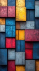 Fototapeta premium A vibrant abstract arrangement of colorful rectangular blocks in various shades and textures.